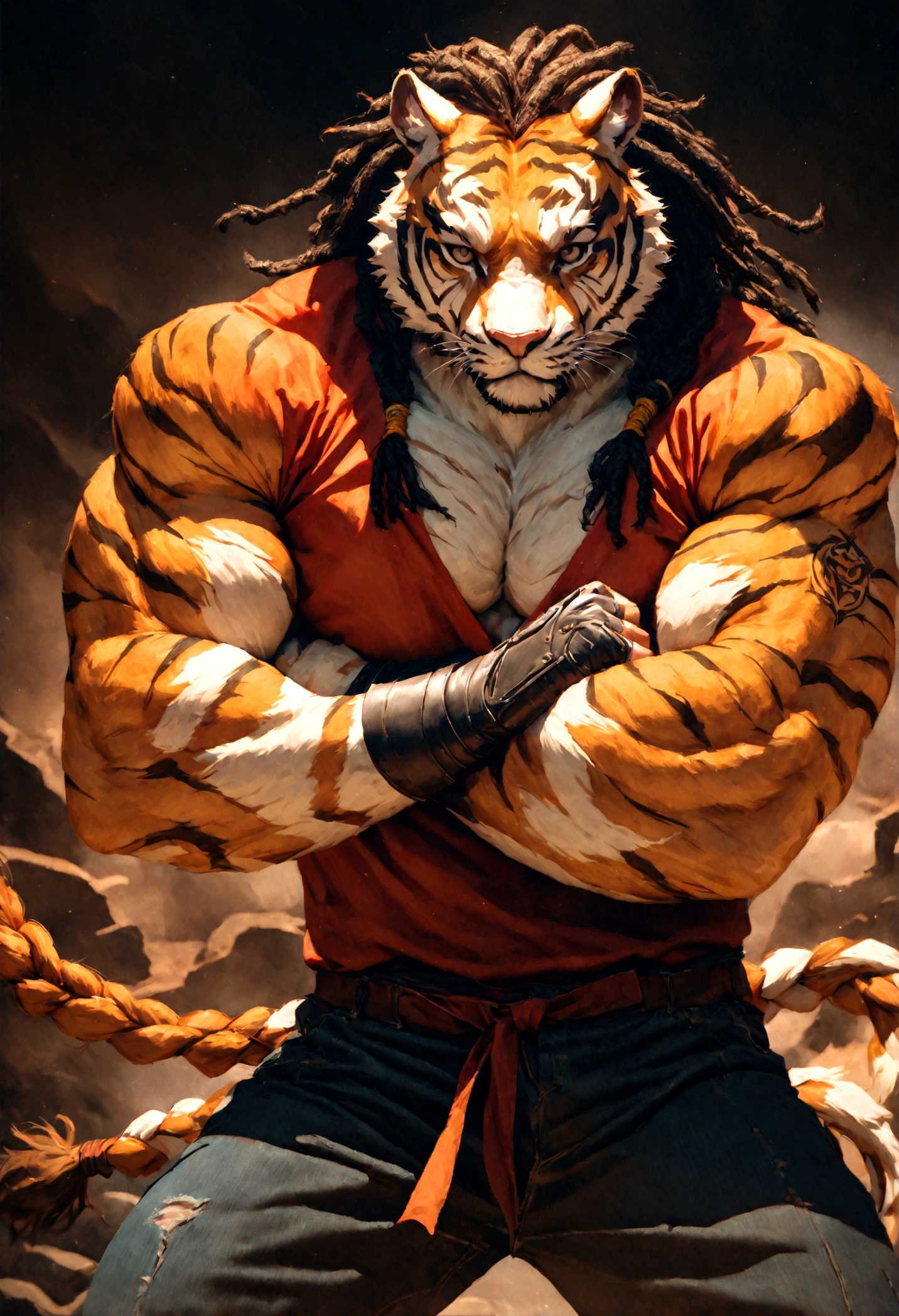 a muscular male furry tiger man, skinny, athletic, wearing leather fingerless gauntlets, long braided dreadlocks, scars and tattoos, tattered jeans, hyper detailed, 8k, photorealistic, dramatic lighting, cinematic composition, dark moody atmosphere, warm color palette has white fur on chest, is fuzzy, martial artist,