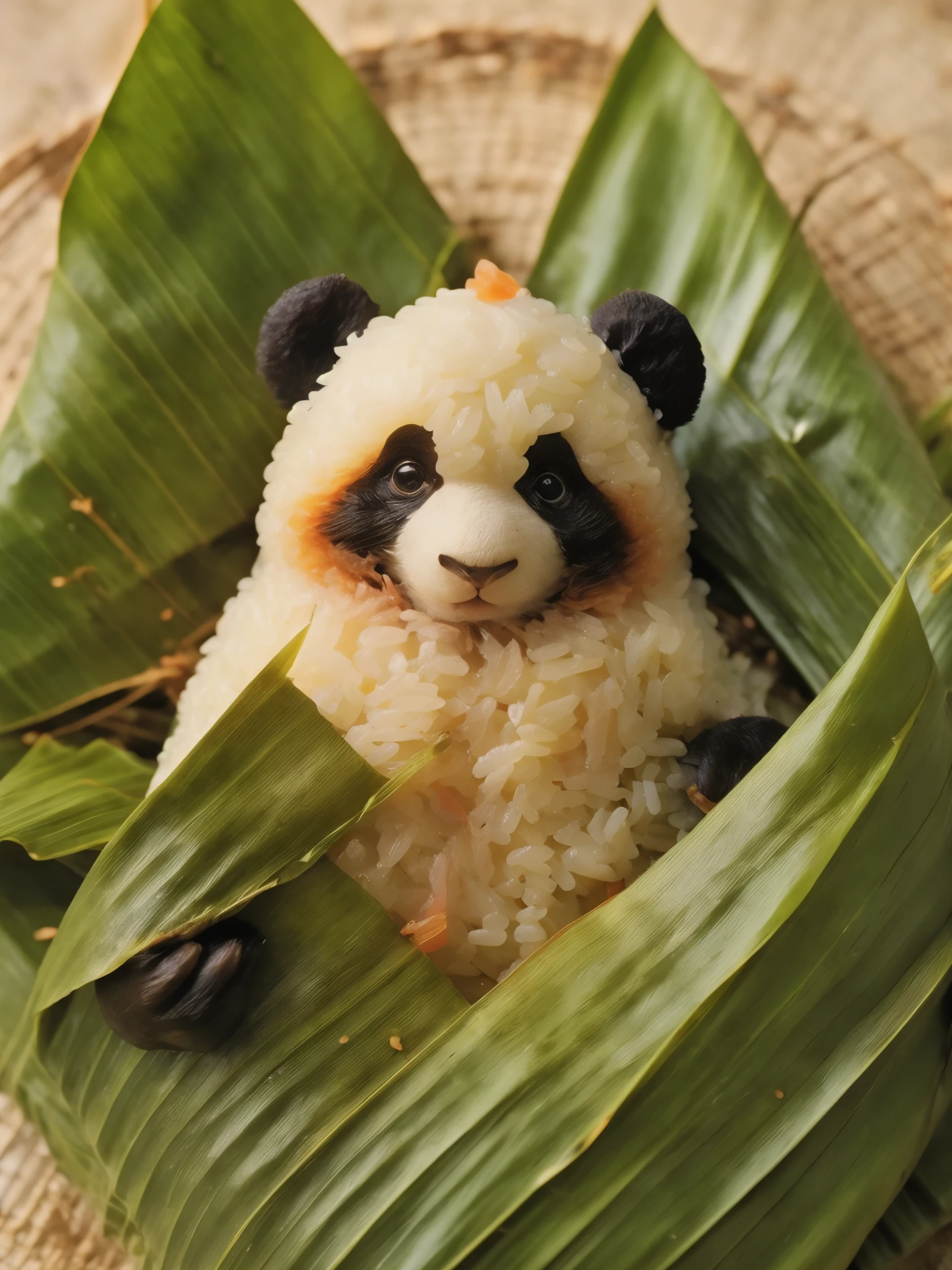 A panda-shaped zongzi, made of glutinous rice, has a cute expression, the lower half of the body is wrapped in tapered leaves, the head sticking out of the leaves, equidistant, cartoon-style, Macro Lens, studio light, nature, soft lighting, film grain, cowboy shot, epiCPhoto