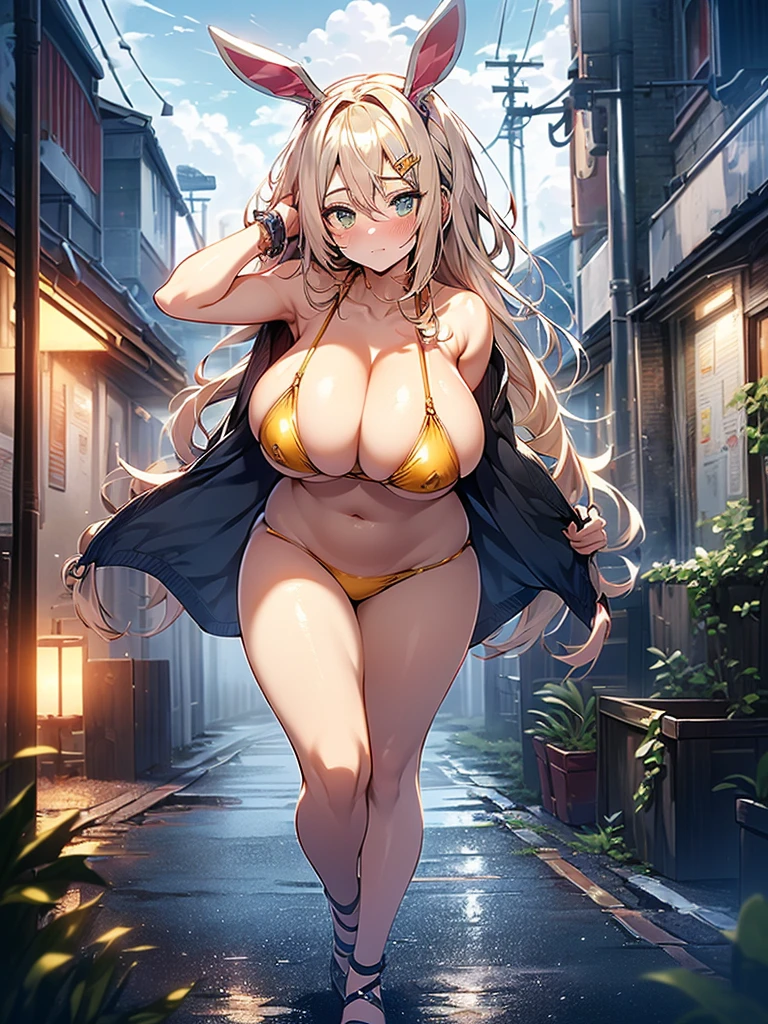 cute bunny girl,(((1girl))),((anime bunny girl with extremely cute and beautiful blonde hair walking seductively down the street)),(((bunny girl,anthro furry cute,bunny-girl))),(((bunny ears,bunny ears on head,big bunny ears))),
(large breasts:1.4),saggy breasts,(((blonde hair:1.35,colored inner hair,ear breathing,long hair))),((heterochromia,eye1 green eye2 orange,perfect eyes,upturned eyes:1.3,beautiful detailed eyes,finely detailed beautiful eyes:1,big highlight on eyes:1.2,slanted eyes)),((fat)),(((lustrous skin:1.5,bright skin: 1.5,skin tanned,shiny skin,very shiny skin,shiny body,plastic glitter skin,exaggerated shiny skin))),(spider lower abdomen,narrow waist,wide hip,athletic body,inflated legs,delicate detailed fingers,detailed body,detailed arms,human hands,(detailed face)),
cute,slutty,seductive,erotic,(((nsfw))),
(((slingshot swimsuit))),(((huge cleavage))),(detailed outfit,detailed clothes),
(dynamic pose:1.0),solo focus,embarrassed,centered,scale to fit dimensions,Rule of thirds,
outdoors,((night view)),(cyberpunk night street Background: 1.5,dark sky,alleyway, alley,thick clouds,detailed background:1.25),
(best quality),(high resolution),(sharp focus),(ultra detailed),(extremely detailed),(extremely high quality artwork),8k_wallpaper,(extremely detailed CG 8k),(very fine 8K CG),((hyper super ultra detailed perfect piece)),flawless,(((masterpiece))),illustration,vibrant colors,(intricate),High contrast,Selective lighting,Double exposure,HDR (High Dynamic Range),Post-processing,Background blur,