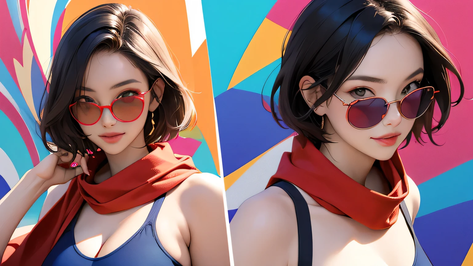 (masterpiece, best quality, 8k wallpaper, high resolution, ultra-realistic) Solo woman, Japanese girl, 18 years old, short hair, sunglasses, long red scarf around neck, (masterpiece: 1.2, best quality), (realistic, photorealistic: 1.4), (masterpiece, best quality), looking at you, navy blue school swimsuit, cleavage, D cup, sexy pose, kenpo pose, full body, best proportions, white skin, black hair, looking forward, smiling, 1970s sunglasses, psychedelic background