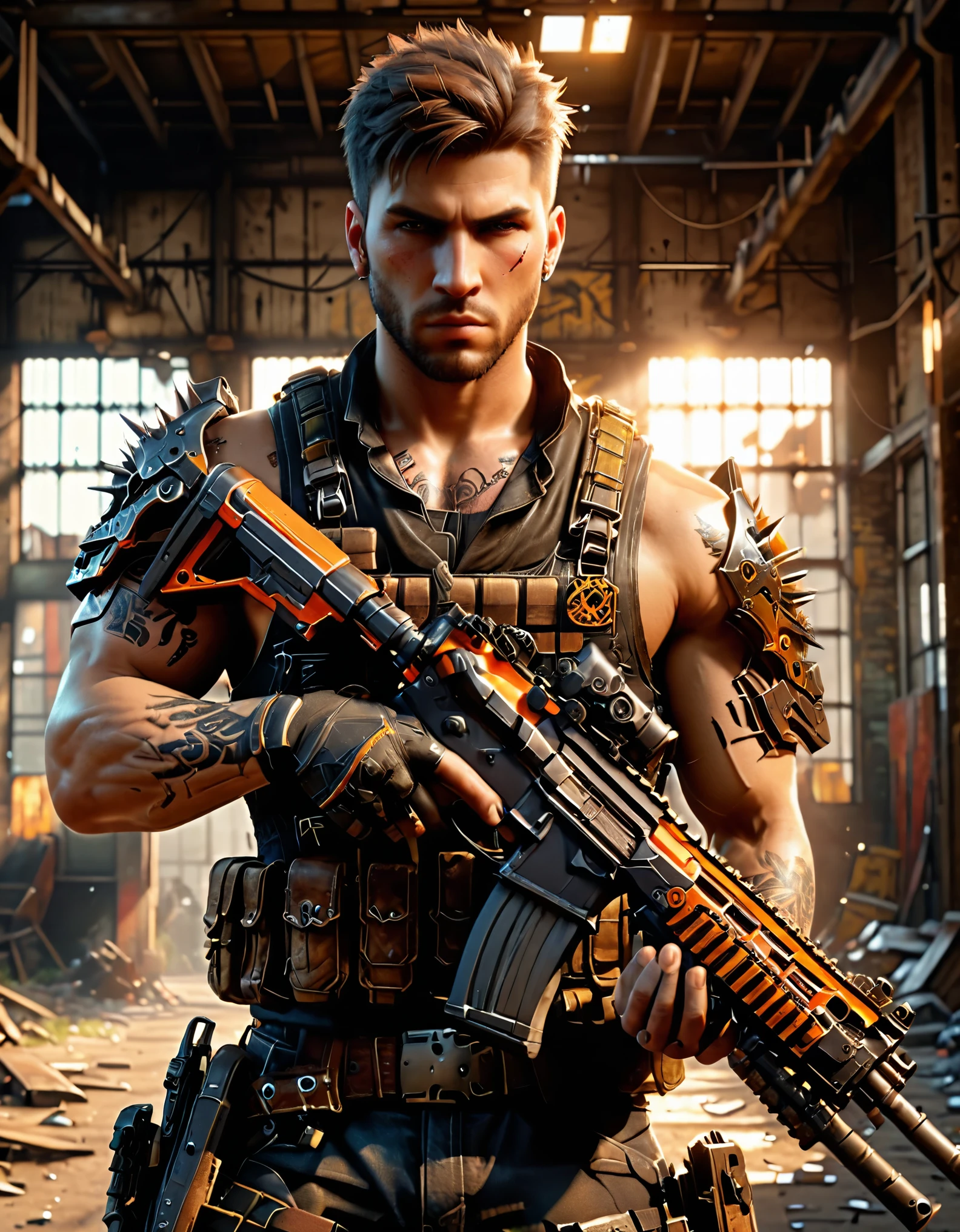 best quality, super detail, masterpiece, photography, scene: spacious abandoned warehouse, theme: mercenary, character: male gunslinger, appearance: muscular build, brown hair, short hair, spiky hair, short hair, brown eyes, action: fighting stance, facial expression: smirk, (using assault rifle), tactical vest, mafia sports tattoos, cybernetic enhancements in arms, perspective: 4K.