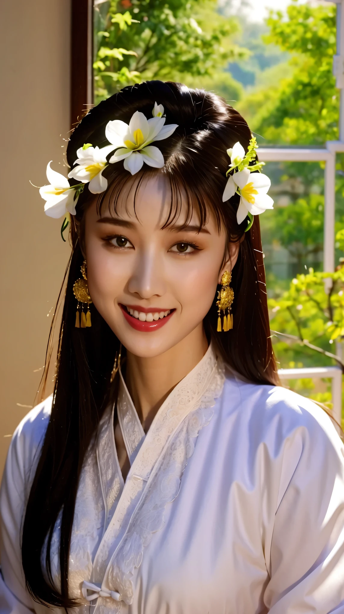 Fashion model 20 years old [[[[close up]]]], [[[[neck]]]], [[[[Shoulder]]]], Perfect eyes, Perfect iris，Perfect lips，Perfect Teeth，Perfect skin，White skin，Soft headlight，High-density imaging review，Black long hair，（Face is clear and delicate），((White Chinese clothing))，((Sexy))，((Smile))，((Background is indoor))，((There are green trees and flowers outside the window))，best quality，masterpiece，（Soft colors：1.2）