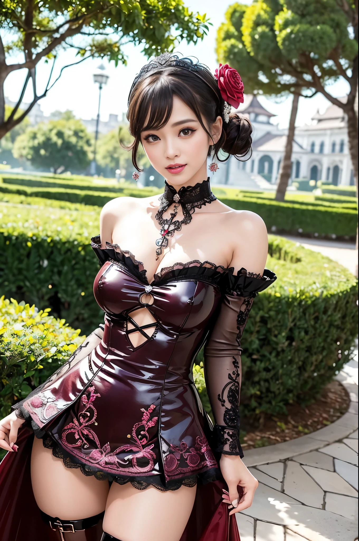 nsfw, sexy stylish Thai model, only 1 female, ((doll-like appearance)), short Mahogany stylish hair, ((shiny Victorian-Style boots)), (big smile), ultra detailed eyes, vivid eye makeup, lipgloss, long lashes, defined eyebrows, ((sexy Paradise Kiss cosplay)), bell-shaped skirt, petticoats, high neckline, puffed sleeves, ((ultra detailed lace)), ((ultra detailed embroidery)), intricate details, Paradise Kiss accessoires and matching headpiece, choker, ((large sparkling Paradise Kiss jewelry)), cinematic light, detailed large park background with trees