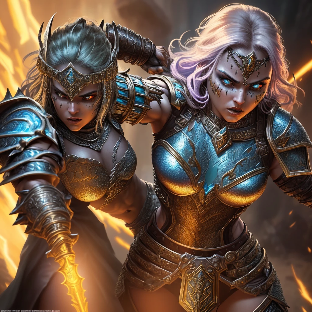 a female warrior, fantasy, ornate chainmail armor, lots of protective colorful clothing, wielding a Warhammer Bolter, detailed facial features, expressive eyes, dramatic lighting, cinematic perspective, intricate armor details, vibrant colors, epic fantasy scene, muscular female figure, heroic pose, scifi elements, detailed textures, photorealistic, 8k, best quality, masterpiece