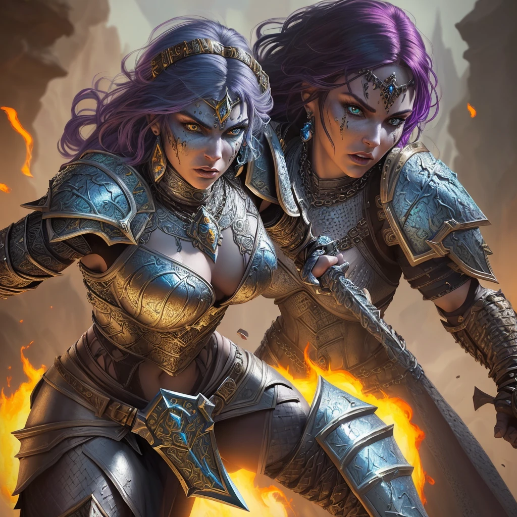 a female warrior, fantasy, ornate chainmail armor, lots of protective colorful clothing, wielding a Warhammer Bolter, detailed facial features, expressive eyes, dramatic lighting, cinematic perspective, intricate armor details, vibrant colors, epic fantasy scene, muscular female figure, heroic pose, scifi elements, detailed textures, photorealistic, 8k, best quality, masterpiece