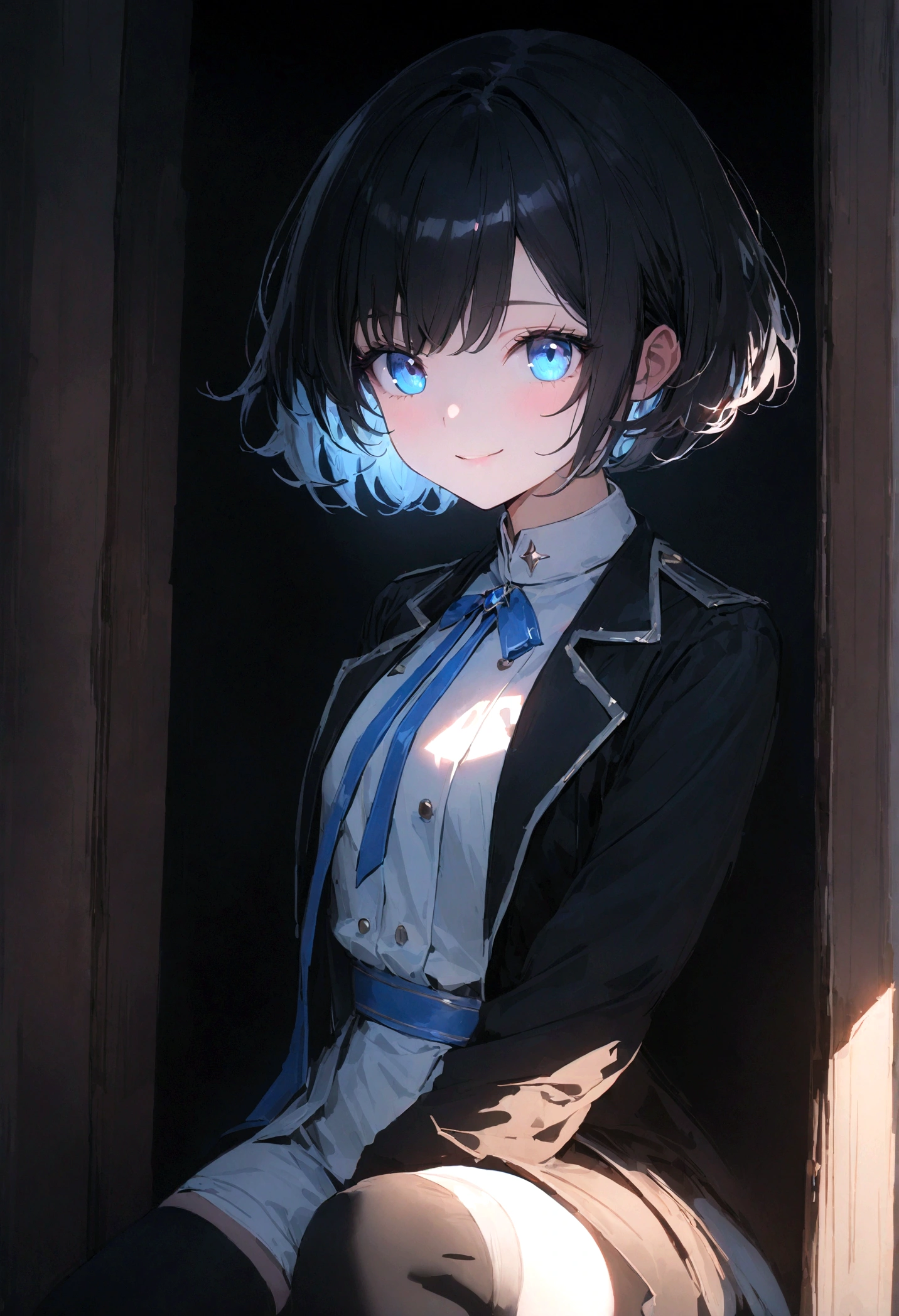 ((highest quality)), ((masterpiece)), ((Ultra-detailed)), (Very delicate and beautiful), With a girl,Angel、 solo,Bright attitude,((Black jacket)),Black-haired, Depth of written boundary,Wicked Smile,bright light blue eyes,Light grey hair with light blue tips and inner color,short hair、Bob Hair - Line Drawing, Shorts、Knee-high socks、Like a white uniform 、Light blue ribbon tie、Eyes as bright as sapphires,Frontless Blue, Great eyes,highest quality, skin texture, intricate details, (cinematic lighting), RAW photo, 8k ,high definition detail,