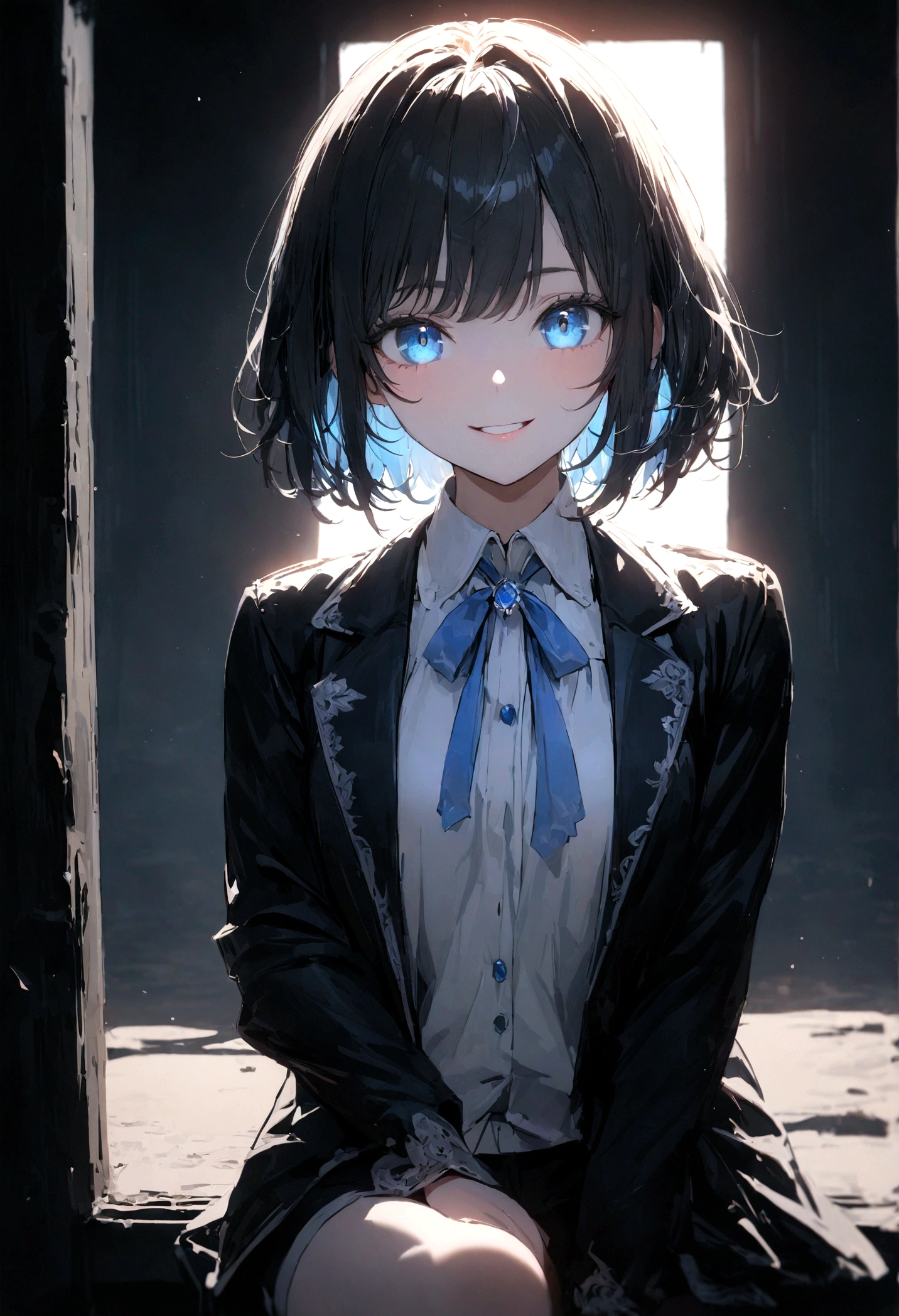 ((highest quality)), ((masterpiece)), ((Ultra-detailed)), (Very delicate and beautiful), With a girl, solo,Bright attitude,((Black jacket)),Black-haired, Depth of written boundary,Wicked Smile,bright light blue eyes,Light grey hair with light blue tips and inner color,short hair、Bob Hair - Line Drawing, Shorts、Knee-high socks、Like a white uniform 、Light blue ribbon tie、Eyes as bright as sapphires,Frontless Blue, Great eyes,highest quality, skin texture, intricate details, (cinematic lighting), RAW photo, 8k ,high definition detail,