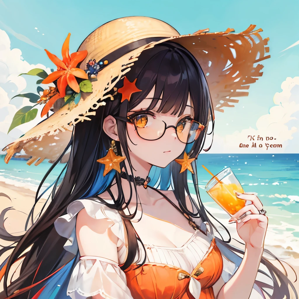 absurdres, highres, ultra detailed, 1girl, solo, extremely detailed eyes, starfish, seashell, shell, flower, hat, hair ornament, jewelry, straw hat, looking at viewer, sunglasses, hat flower, drinking straw, hairclip, earrings, red flower, tinted eyewear, yellow flower, bangs, english text, multicolored hair, orange flower, black hair, ring, cup, long hair, orange-tinted eyewear, food, brown hair, portrait, shell hair ornament