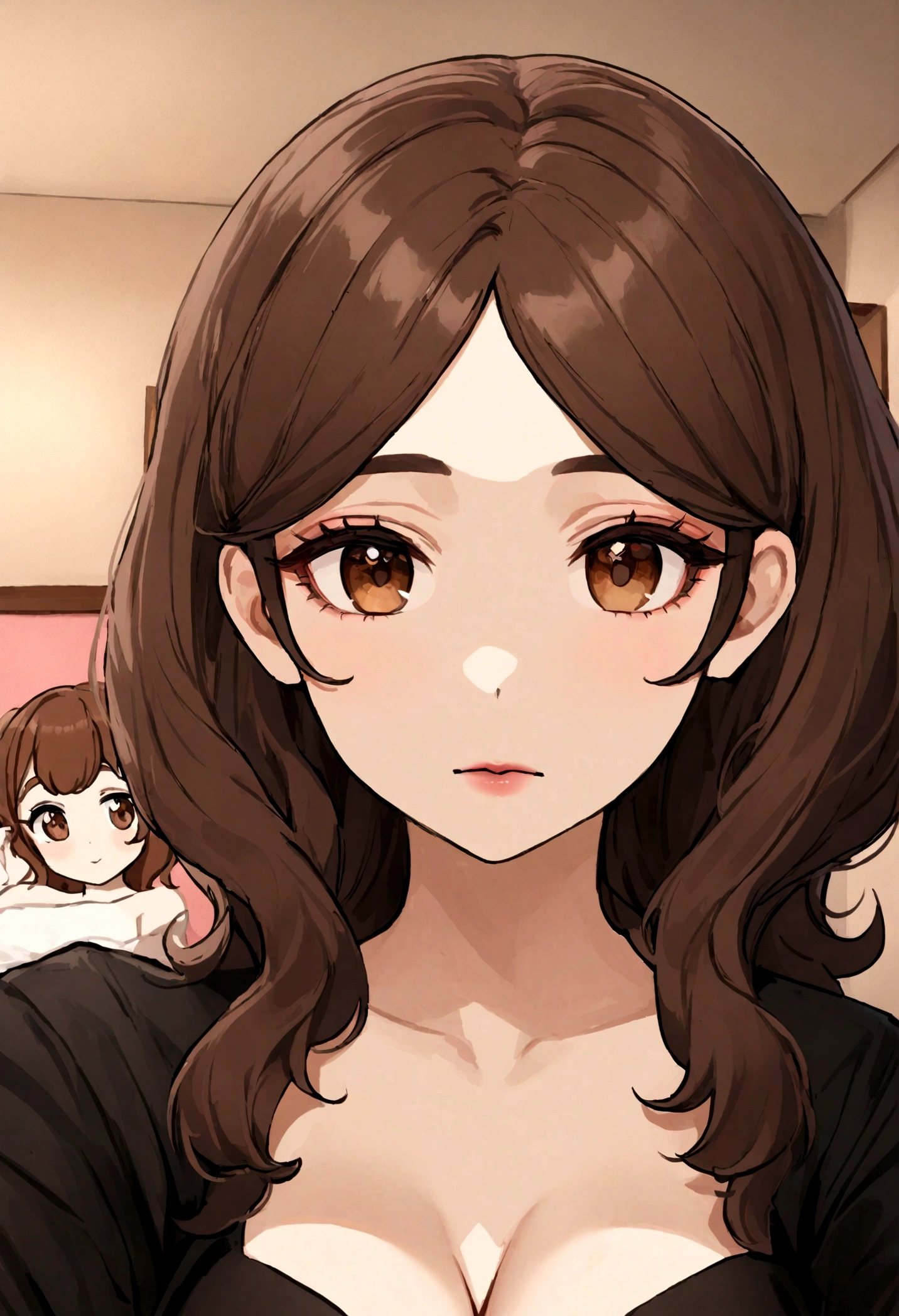 arafed woman with black clothes, sexy girl with brown eyes, portrait sophie mudd, brown hair and large eyes, selfie of a young woman, bedroom eyes, violet myers, without makeup, natural makeup, looking directly at the camera, face with artgram, subtle makeup, stunning full body shot, in bedroom, cleavage