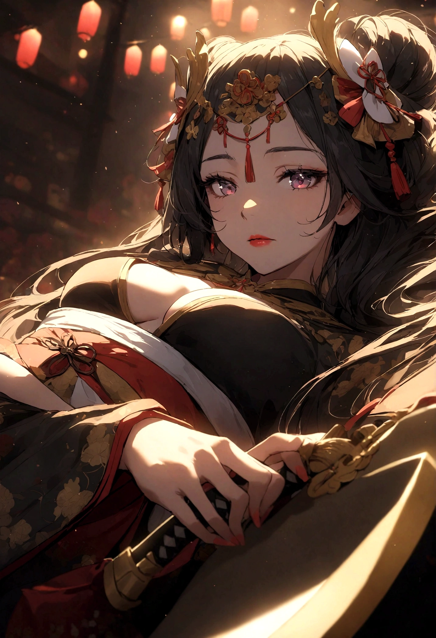 Oriental woman dressed as a geisha lying on a samurai sword looking seductively at the viewer