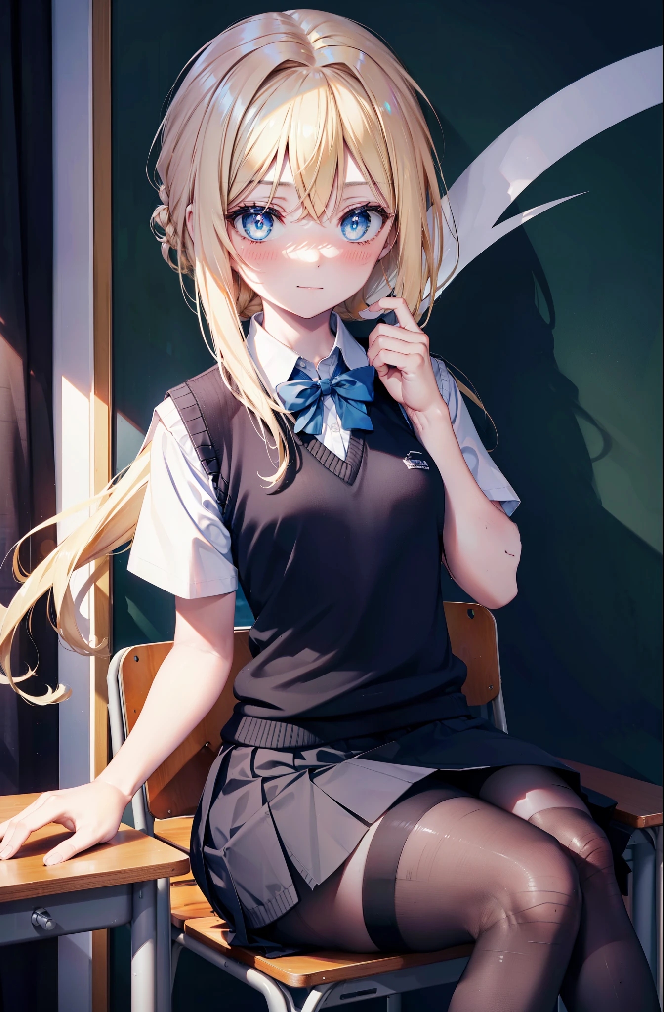 Arisburg, Alice Zuberg, bangs, blue eyes, Blonde Hair, Hair between the eyes, Very long hair, hair band, white hair band,smile,blush,
break outside, Residential Street,city,break skirt, shirt, bow, ribbon, , white shirt, Short sleeve, Pleated skirt, collared shirt, mini skirt, bowtie, Black Loafers , Black Skirt, Black pantyhose, Brown loafers, green bow, Sweater vest, ( blue Sweater vest:1.5),sitting cross-legged on a chair,breakindoors ,School,classroom,
break looking at viewer, whole body,
break (masterpiece:1.2), highest quality, High resolution, unity 8k wallpaper, (shape:0.8), (Fine and beautiful eyes:1.6), Highly detailed face, Perfect lighting, Highly detailed CG, (Perfect hands, Perfect Anatomy),