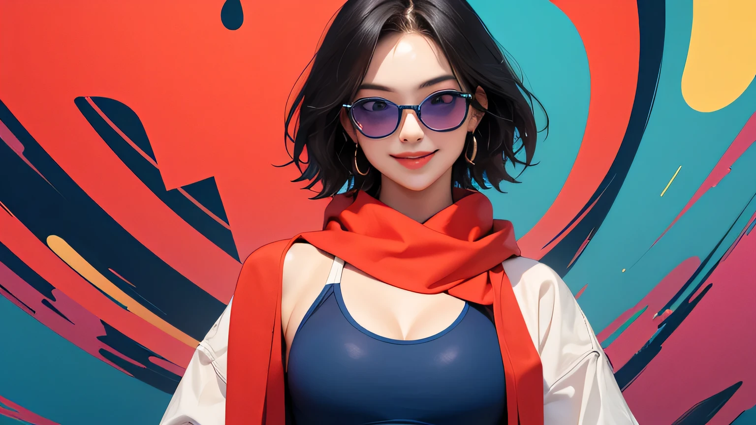 (masterpiece, best quality, 8k wallpaper, high resolution, ultra-realistic) Solo woman, Japanese girl, 18 years old, long hair, sunglasses, long red scarf around neck, (masterpiece: 1.2, best quality), (realistic, photorealistic: 1.4), (masterpiece, best quality), looking at you, navy blue school swimsuit, cleavage, D cup, sexy pose, kenpo pose, full body, best proportions, white skin, black hair, looking forward, smiling, 1970s sunglasses, psychedelic background