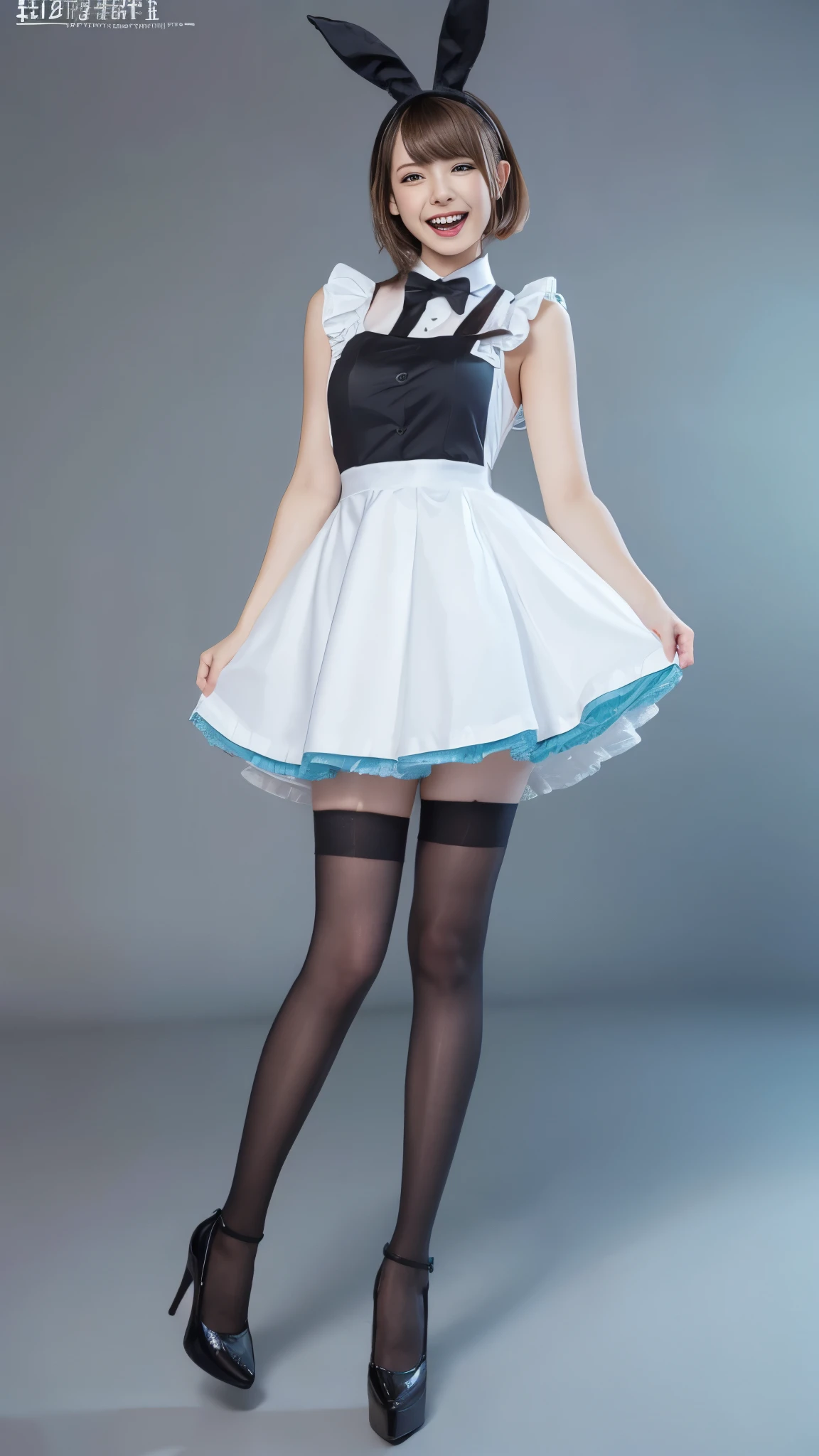Bunny girl in light blue maid outfit:1.5，wear black tights:1.5，Big Laugh:1.5，Full Body Shot:1.5，Gray background:1.5，Wearing black high heels:1.5，Short cut side wave:1.5，