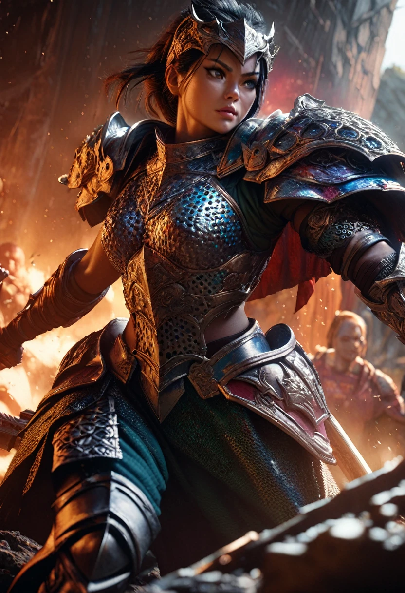 a female warrior, fantasy, ornate chainmail armor, lots of protective colorful clothing, wielding a Warhammer Bolter, detailed facial features, expressive eyes, dramatic lighting, cinematic perspective, intricate armor details, vibrant colors, epic fantasy scene, muscular female figure, heroic pose, scifi elements, detailed textures, photorealistic, 8k, best quality, masterpiece
