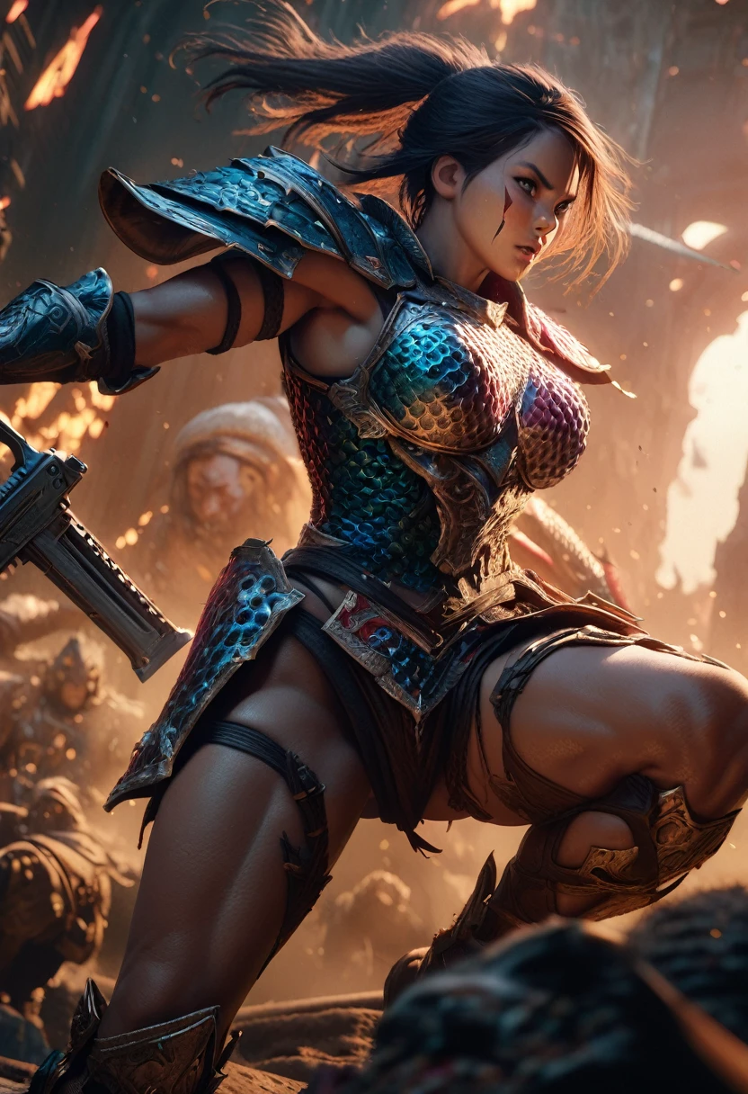 a female warrior, fantasy, ornate chainmail armor, lots of protective colorful clothing, wielding a Warhammer Bolter, detailed facial features, expressive eyes, dramatic lighting, cinematic perspective, intricate armor details, vibrant colors, epic fantasy scene, muscular female figure, heroic pose, scifi elements, detailed textures, photorealistic, 8k, best quality, masterpiece