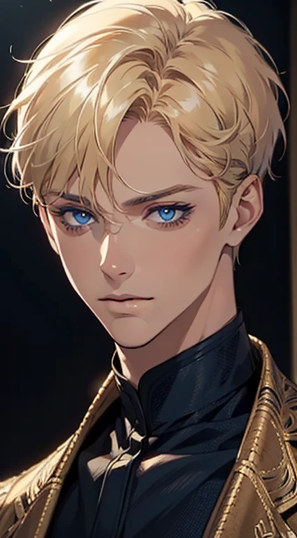 1 male with unique and beautiful features. He has bronze skin, short blond hair, ((big eyes, charming blue eyes, that give his face a touch of mystery and attraction)), He wears elegant and innovative clothes that reflect a unique character and a strong personality, 8k, high quilty, realistic, beautiful realistic, Cool details, raw photo, realistic clothing, short hair, blond hair, realistic hair, Light and cool lighting, photo realistic, Cel shaded, Gel lighting, ultra details