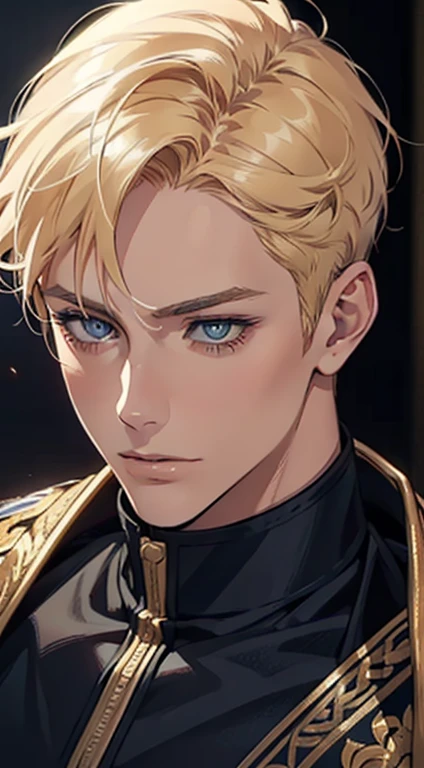1 male with unique and beautiful features. He has bronze skin, short blond hair, ((big eyes, charming blue eyes, that give his face a touch of mystery and attraction)), He wears elegant and innovative clothes that reflect a unique character and a strong personality, 8k, high quilty, realistic, beautiful realistic, Cool details, raw photo, realistic clothing, short hair, blond hair, realistic hair, Light and cool lighting, photo realistic, Cel shaded, Gel lighting, ultra details