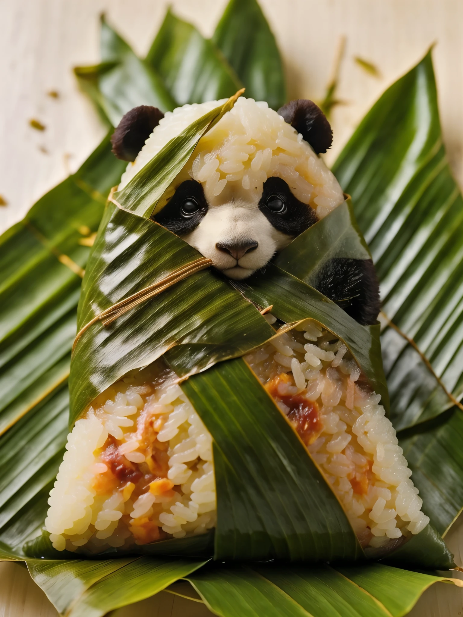 A panda-shaped zongzi, made of glutinous rice, has a cute expression, the lower half of the body is wrapped in tapered leaves, the head sticking out of the leaves, equidistant, cartoon-style, Macro Lens, studio light, nature, soft lighting, film grain, cowboy shot, epiCPhoto