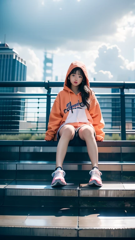1 Girl,blue sky空,Blurred background,architecture,City,cloud,cloudy sky空,sky,Depth of Field,hood,hooded Jacket,hoodie,Jacket,side,Orange Hoodie,look up,shoe子靠近相機,from below,whole body,Lips,Long sleeve,looking at the audience,Motion blur,outdoor,parted Lips,railing,shoe,shorts,sit,sky空,运动shoe,Solitary,stairs