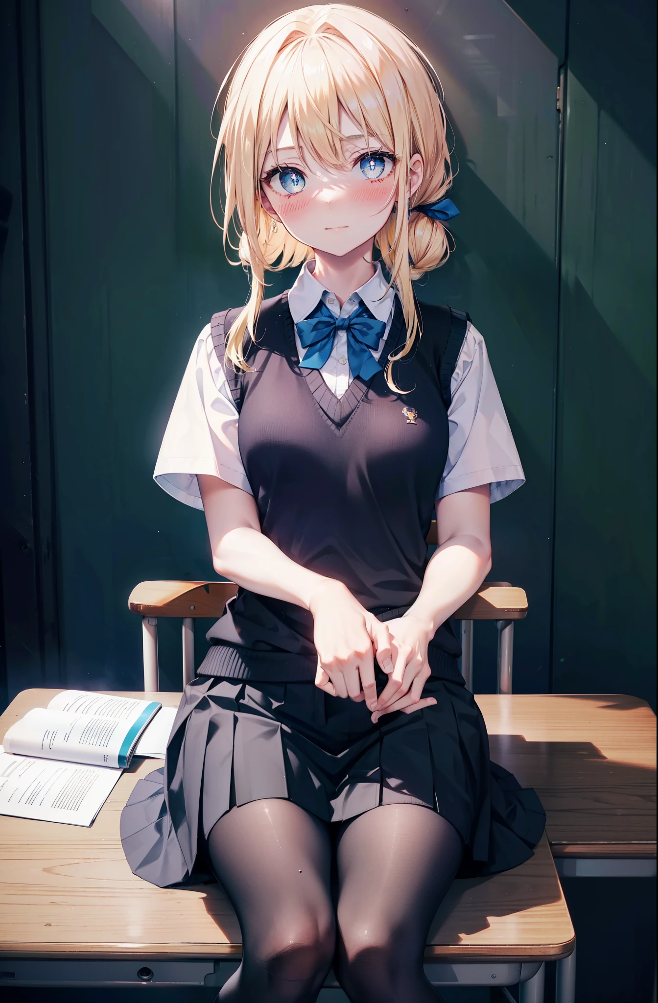 Arisburg, Alice Zuberg, bangs, blue eyes, Blonde Hair, Hair between the eyes, Very long hair, hair band, white hair band,smile,blush,
break outside, Residential Street,city,break skirt, shirt, bow, ribbon, , white shirt, Short sleeve, Pleated skirt, collared shirt, mini skirt, bowtie, Black Loafers , Black Skirt, Black pantyhose, Brown loafers, green bow, Sweater vest, ( blue Sweater vest:1.5),sitting cross-legged on a chair,breakindoors ,School,classroom,
break looking at viewer, whole body,
break (masterpiece:1.2), highest quality, High resolution, unity 8k wallpaper, (shape:0.8), (Fine and beautiful eyes:1.6), Highly detailed face, Perfect lighting, Highly detailed CG, (Perfect hands, Perfect Anatomy),