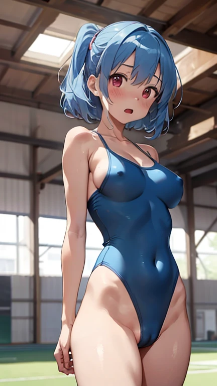 mastute piece,Best Quality,insanely detailed,8k cg,nsfw,
(shoot upper body:1.3),
(1girls:1.3),(Petite:1.2)、Short、standing,looking at viewr,body in front,both arms behind back,(Light blue leotard),(bare breasts:1.4,bare crotch:1.4),
break,
blush,shy,(trembling:1.2),(Light blue hair:1.4),
break,
perfect breasts,perfect teats,(open mouth:0.9),(large breasts:1.3),
(indoor sports field)、