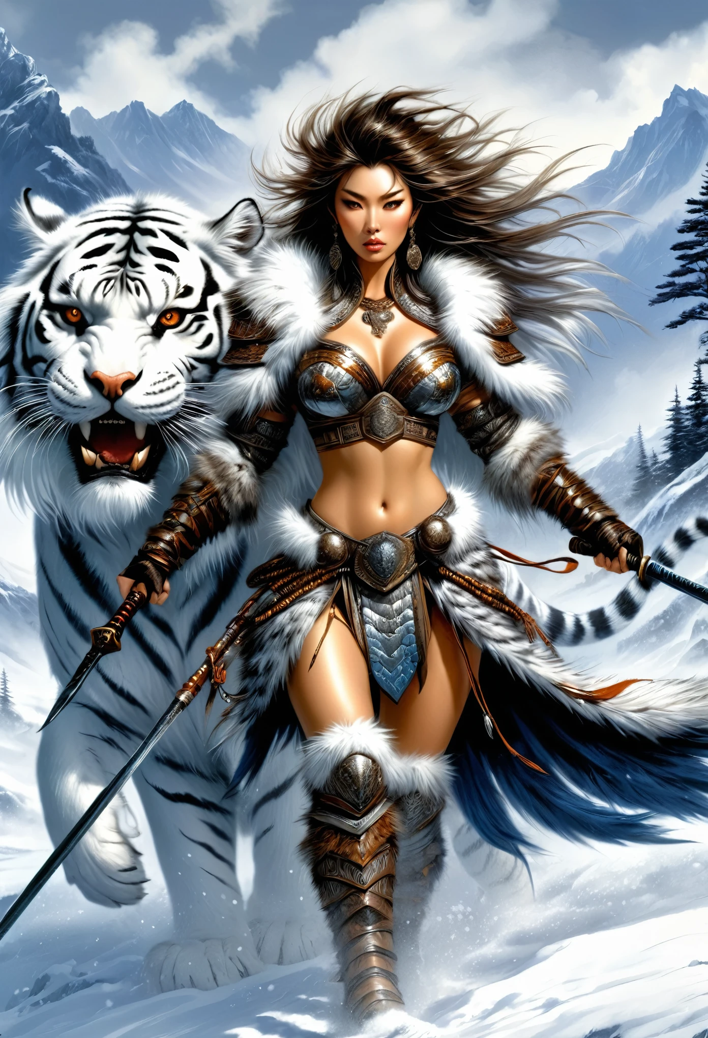 Wearing warm winter clothing made of thick fur, Cleverly combines traditional Chinese design patterns with contemporary elements ,messy hair, Fierce expression,Energetic, Sharp eyes,The legendary god with a spear,arafed image of a woman riding a white tiger, amano and karol bak, Carol Buck Wood, Female Warrior, 一位美丽的Female Warrior, Tyler Edlin Fantasy Art, barbarian Female Warrior, tiger_beast, Epic Fantasy Character Art, wearing intricate fur armor, style of luis royo, 北方Female Warrior, Surreal Luis Royo, author:Mark Brooks
