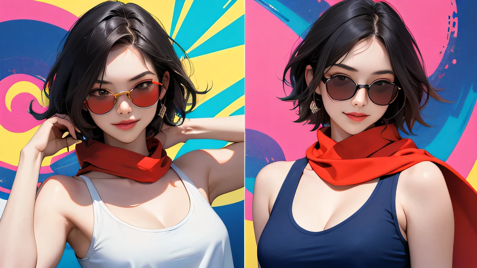 (masterpiece, best quality, 8k wallpaper, high resolution, ultra-realistic), two-person unit, Japanese girls, 18 years old, long and short hair, sunglasses, red long scarf around neck, (masterpiece: 1.2, best quality), (realistic, photorealistic: 1.4), (masterpiece, best quality), looking at you, navy blue school swimsuit, cleavage, D cup, sexy pose, kenpo pose, whole body, best proportions, white skin, black hair, looking forward, smiling, 1970s sunglasses, psychedelic background