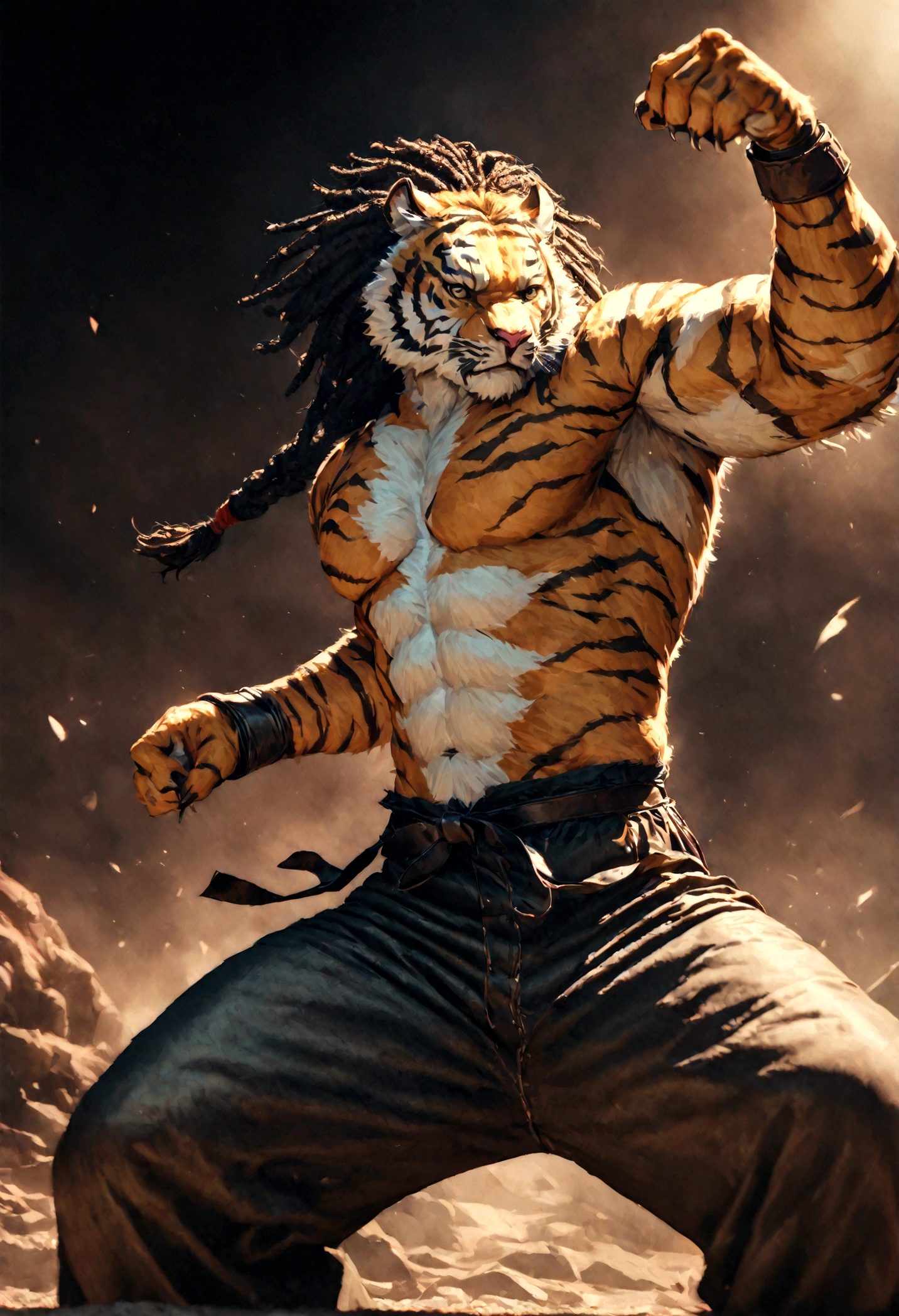 a muscular male furry tiger man, skinny, athletic, wearing leather fingerless gauntlets, long braided dreadlocks, scars and tattoos, tattered jeans, hyper detailed, 8k, photorealistic, dramatic lighting, cinematic composition, dark moody atmosphere, warm color palette has white fur on chest, is fuzzy, martial artist, action pose