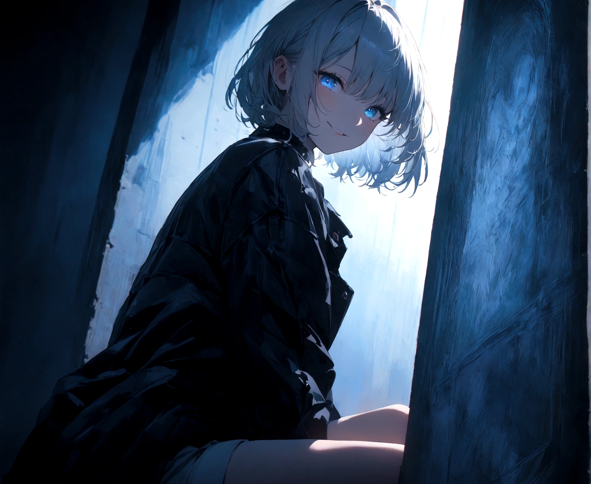 ((highest quality)), ((masterpiece)), ((Ultra-detailed)), (Very delicate and beautiful), With a girl, solo,Bright attitude,((Black jacket)),Black-haired, Depth of written boundary,Wicked Smile,bright light blue eyes,Light grey hair with light blue tips and inner color,short hair、Bob Hair - Line Drawing, Shorts、Knee-high socks、Like a white uniform 、Light blue ribbon tie、Eyes as bright as sapphires,Frontless Blue, Great eyes,highest quality, skin texture, intricate details, (cinematic lighting), RAW photo, 8k ,high definition detail,