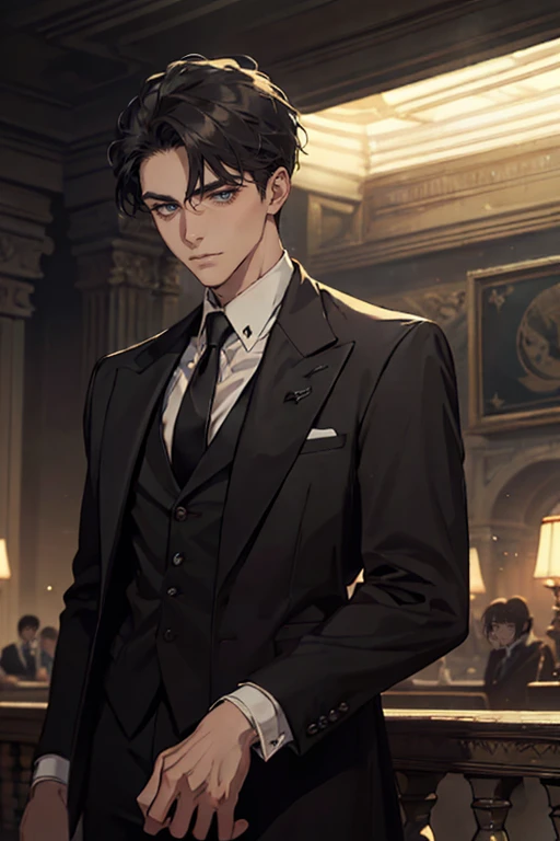 ((One young man with a black suit and tie)), alejandro, (((one side swept dark short neat hair))), ( green eyes and thick eyebrows), ((20 years old)), ((masterpiece)), ((cinematic lighting)), relax look and smirk, posture dynamic
