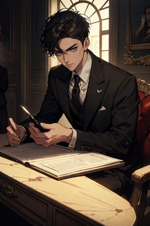 ((One young man with a black suit and tie)), alejandro, (((one side swept dark short neat hair))), ( green eyes and thick eyebrows), ((20 years old)), ((masterpiece)), ((cinematic lighting)), relax look and smirk, posture dynamic