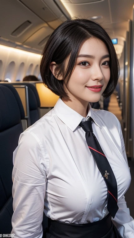 1beautiful womanl, 28years、hyperdetailed face、Detailed lips、A detailed eye、double eyelid、(Black bob hair、Smiling while walking gracefully down the aisle)、(Stewardess uniform:1.2)、((beautiful tie)) (Glamorous body)、(Colossal )、((short-cut hair))、(large full breag butts)(Plumdy)(plump body shape)( large full breasts)(Coloss)((J-Cup))、highs ts thighs thighs, Perfect fit, Perfect image realism, Background with: (Business Class aisle on airplanes:1.2), Cowboy Shot, Meticulous background, detailed costume, Perfect litthing、Hyper-Realism、(Photorealsitic:1.4)、8K maximum resolution, (masterpiece), ighly detailed, Professional