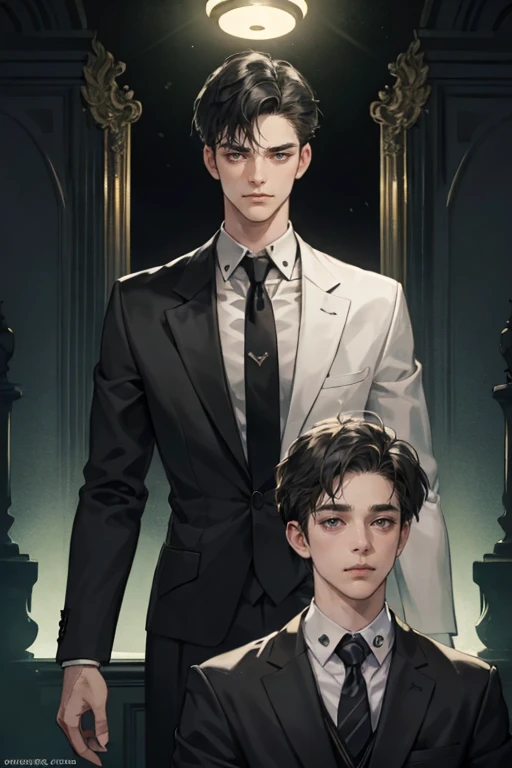 ((One young man with a black suit and tie)), alejandro, (((one side swept dark short neat hair))), ( green eyes and thick eyebrows), ((20 years old)), ((masterpiece)), ((cinematic lighting)), relax look and smirk, posture dynamic