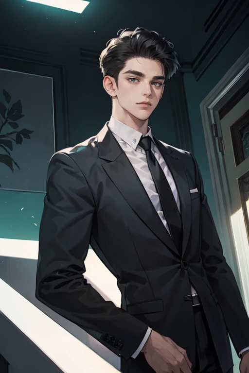 ((One young man with a black suit and tie)), alejandro, (((one side swept dark short neat hair))), ( green eyes and thick eyebrows), ((20 years old)), ((masterpiece)), ((cinematic lighting)), relax look and smirk, posture dynamic