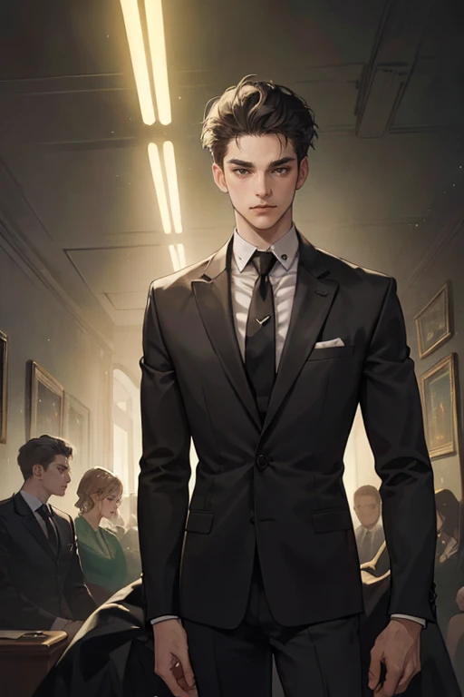 ((One young man with a black suit and tie)), alejandro, (((one side swept dark short neat hair))), ( green eyes and thick eyebrows), ((20 years old)), ((masterpiece)), ((cinematic lighting)), relax look and smirk, posture dynamic