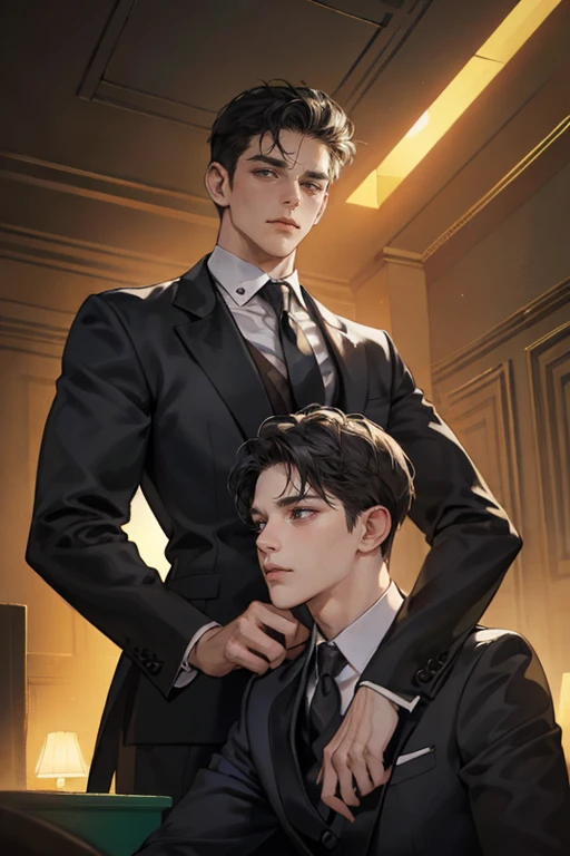 ((One young man with a black suit and tie)), alejandro, (((one side swept dark short neat hair))), ( green eyes and thick eyebrows), ((20 years old)), ((masterpiece)), ((cinematic lighting)), relax look and smirk, posture dynamic