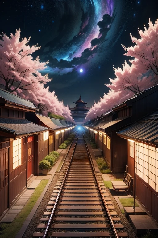 There is a train running along the tracks, Sakura flowers flying, Cherry tree, Pink, Universe sky, arte conceitual de Xin Haicheng, tumblr, Magical Realism, Beautiful anime dinner, Universe sky. Por Xin Haicheng, ( ( Xin Haicheng ) ), Anime Background艺术, anime background, Estilo Xin Haicheng, Anime Background, Galaxy Express, No humans.