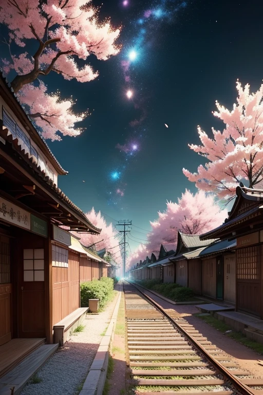 There is a train running along the tracks, Sakura flowers flying, Cherry tree, Pink, Universe sky, arte conceitual de Xin Haicheng, tumblr, Magical Realism, Beautiful anime dinner, Universe sky. Por Xin Haicheng, ( ( Xin Haicheng ) ), Anime Background艺术, anime background, Estilo Xin Haicheng, Anime Background, Galaxy Express, No humans.