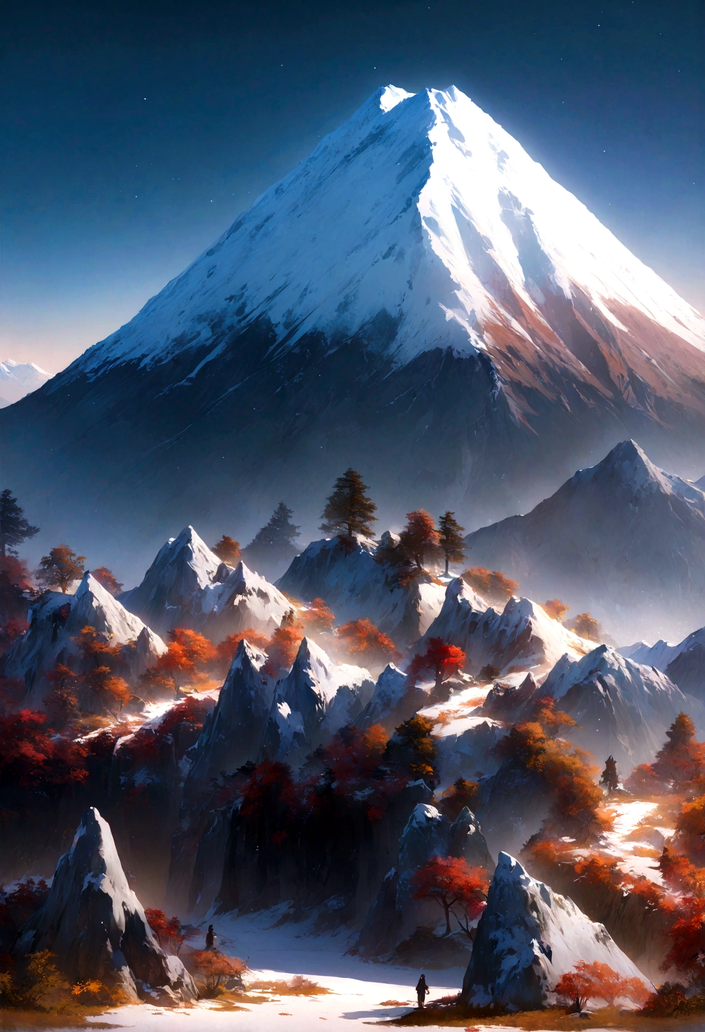 Fuji Mountain, Honshu, (figure: 1.0), A magnificent composition, Realistic lighting, High-resolution details, masterpiece, highest quality, (Highly detailed CG synthesis 8k wallpaper), 1 person