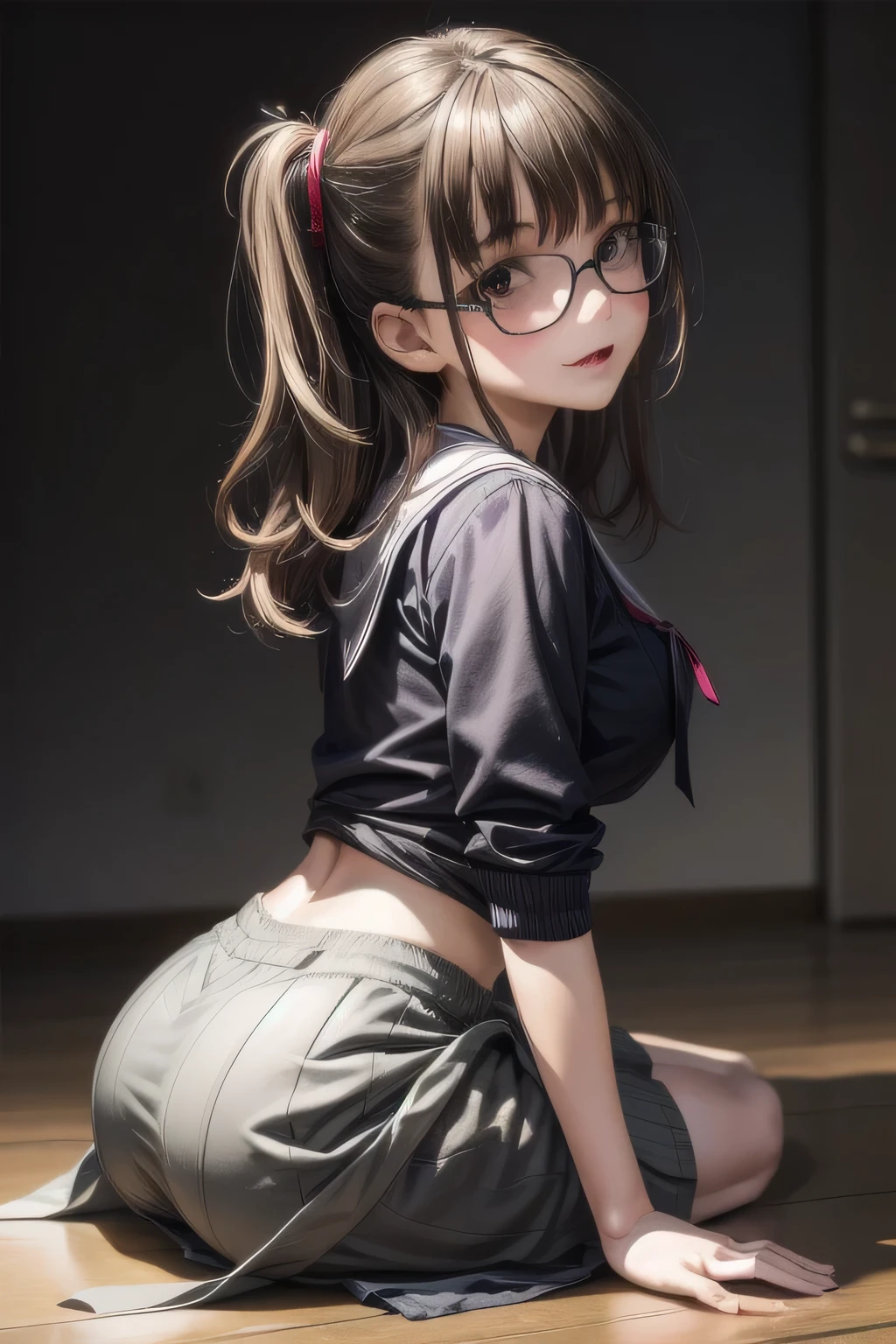 (Tabletop:1.0), (highest quality:1.4), (High resolution:1.2), From the side,Sharp contours, boyish, highest quality, masterpiece,Glasses,Voice of the Heart,20-year-old woman,yandere,Big Breasts,Chest to chest,Lying face down,Ecstasy,saliva,blush,Squint your eyes,Heterochromia iridis,Tuck up your clothes,lure,under backshot,skirt lift