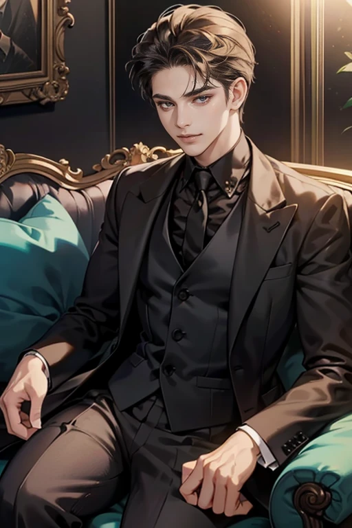 (tmasterpiece, high resolution, ultra - detailed:1.0), (1male), Perfect male body, Eyes look at the camera, Extremely detailed CG, Unity 8k wallpaper, Complicated details, solo person, Detailed face, (with short brown hair, Forehead exposed, Black suit, Black shirt, 3-piece-suit, Sit on the sofa in a luxurious room), (Evil smile),(Mafia), color difference, Depth of field, dramatic shadow, Ray tracing, Best quality, offcial art,