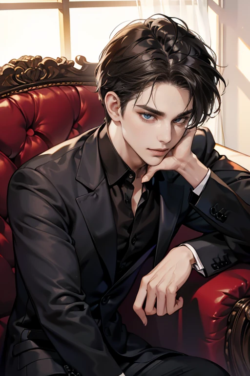 (tmasterpiece, high resolution, ultra - detailed:1.0), (1male), Perfect male body, Eyes look at the camera, Extremely detailed CG, Unity 8k wallpaper, Complicated details, solo person, Detailed face, (with short brown hair, Forehead exposed, Black suit, Black shirt, 3-piece-suit, Sit on the sofa in a luxurious room), (Evil smile),(Mafia), color difference, Depth of field, dramatic shadow, Ray tracing, Best quality, offcial art,