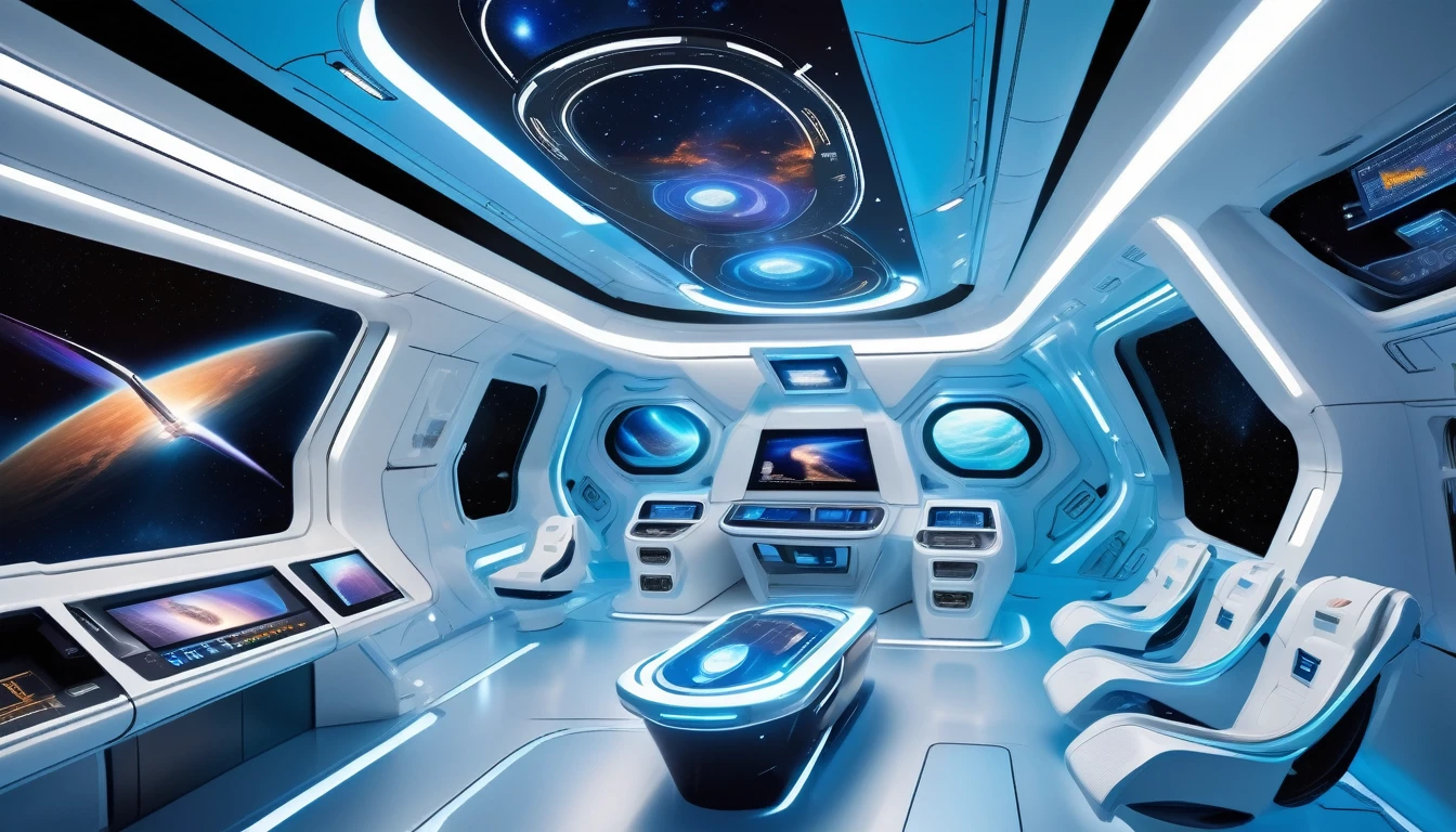 (Large space carrier),(Futuristic),(powered by advanced technology),(Stylish and stylish design),(Floating quietly in space),(A huge engine drives it forward),(Level 6，There is a stop),(Huge glass windows show the universe),(Surrounded by a protective force field),(Glows soft blue light),(Precision laser cannons are mounted on both sides),(Painted with Chinese symbols of strength and unity),(Accommodate a diverse crew from different cultural backgrounds),(Including engineers, Home, and astronauts),(wearing Futuristic uniforms),(Perform duties with precision and professionalism),(A busy command center，There is a holographic display and control panel),(The captain&#39;s room offers a stunning view of the stars),(Spacious botanical gardens，There are exotic plants from Earth and beyond),(Zero-G simulation and martial arts training facilities),(配备先进治疗technology的医疗舱),(A recreational area for crew members to rest and socialize),(Virtual reality rooms provide immersive entertainment),(Magnificent observation deck，Panoramic view),(Celestial bodies pass by in fascinating colors),(Create a sense of awe and wonder),(Capturing the essence of exploration and human ingenuity),(A timeless beauty that transcends borders and cultures),(Combined with art, technology, and the universe). (best quality, Extremely detailed),(Practical),(HDR),(Bright colors),(Clear focus),(Physically Based Rendering:1.2),(masterpiece:1.1),(Ultra HD),(Professional lighting),(Bokeh).