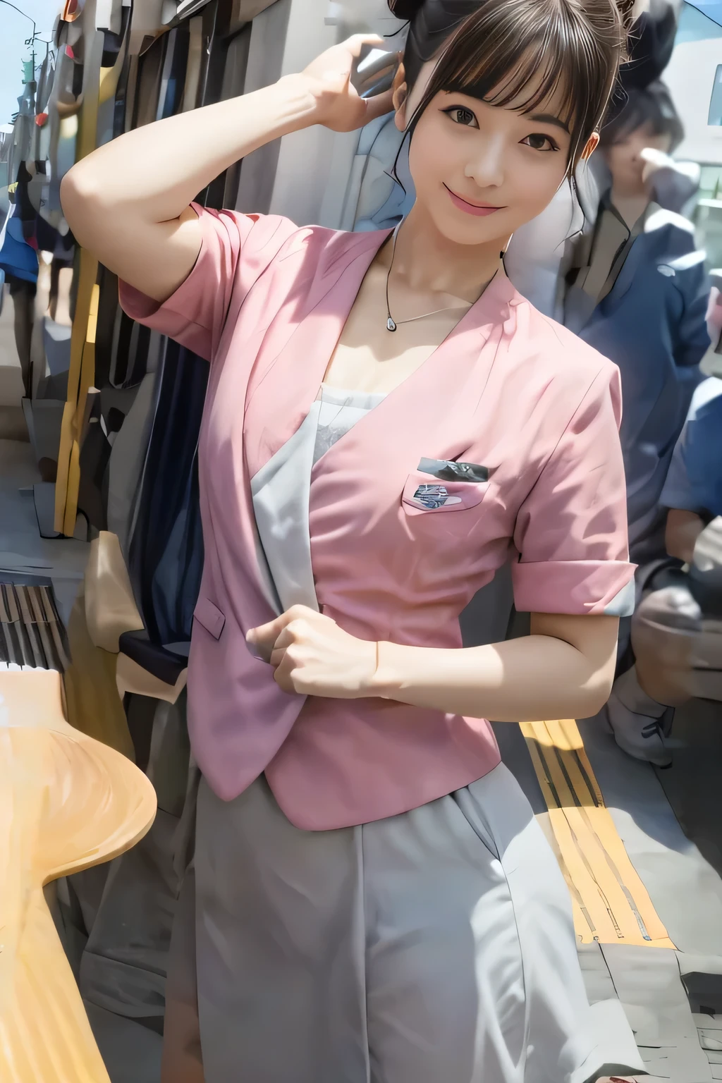 (masterpiece:1.2, highest quality:1.2), 32K HDR, High resolution, (alone、1 the rooftop of a building in the daytime、Professional Lighting)、Building rooftop background、(Nankai train crew uniform pinkを着たリアルスタイル)、(Nankai train crew uniform pink short sleeve pink jacket、Nankai Train Crew Uniform Pink Collarless Short Sleeve Blouse、Nankai Train crew uniform pinkのグレー色のキュロットスカート)、Dark brown hair、(Hair tied up、H、Hair Bun)、Dark brown ng Shot、Big Breasts、Thin legs、(s:2.0)),((Harmonious body proportions:1.5)),((Normal limbs:2.0)),((Normal finger:2.0)),((Delicate eyes:2.0)),((Normal eyes:2.0)))、smile、(Nankai Train crew uniform pinkのグレー色のキュロットスカートを見せた美しい立ち姿)、Put your hands down、I have nothing in my hands