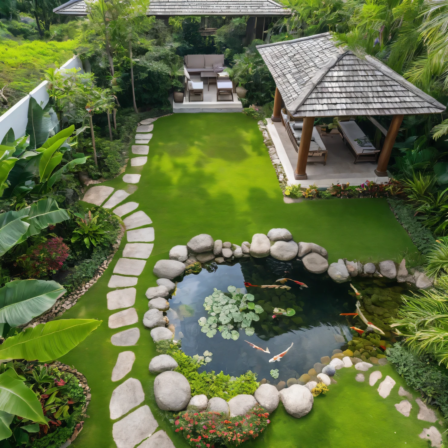 Moderntropicalgardern,aiaigroup, aerial view, outdoors, garden, tree, east asian architecture, rock, stone, flower, daylight