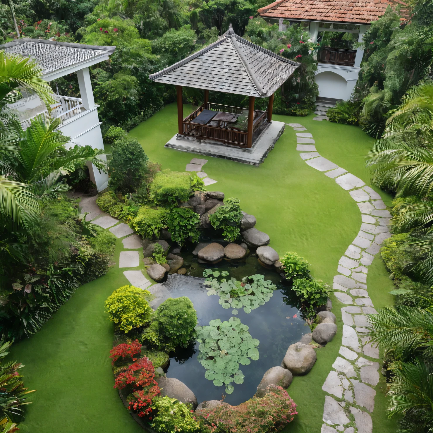 Moderntropicalgardern,aiaigroup, aerial view, outdoors, garden, tree, east asian architecture, rock, stone, flower, daylight