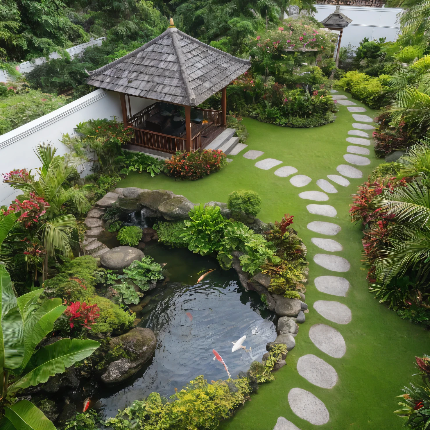 Moderntropicalgardern,aiaigroup, aerial view, outdoors, garden, tree, east asian architecture, rock, stone, flower, daylight