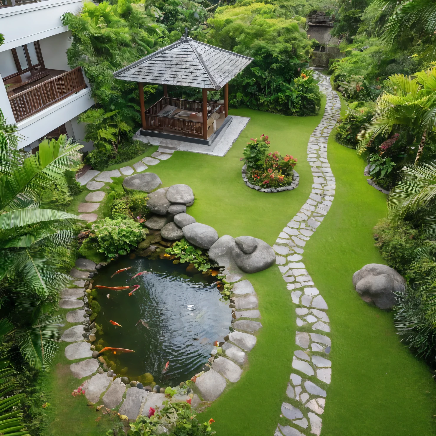 Moderntropicalgardern,aiaigroup, aerial view, outdoors, garden, tree, east asian architecture, rock, stone, flower, daylight