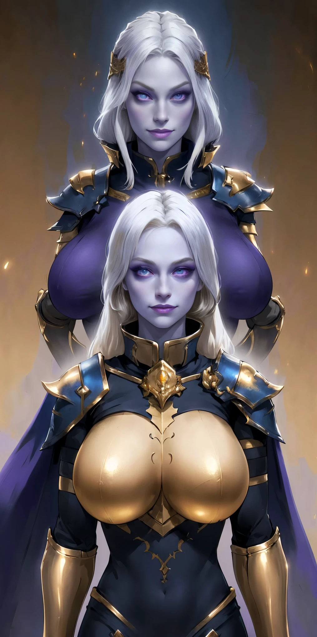 (Triplets)(chest covered)(smile)Gray skin, pale golden hair and violet eyes. They prefer clothing of white and silver with cloaks of deep blue or purple, huge_knockers, ((very precise detailed)) ((high res), Golden bracers (plain background)