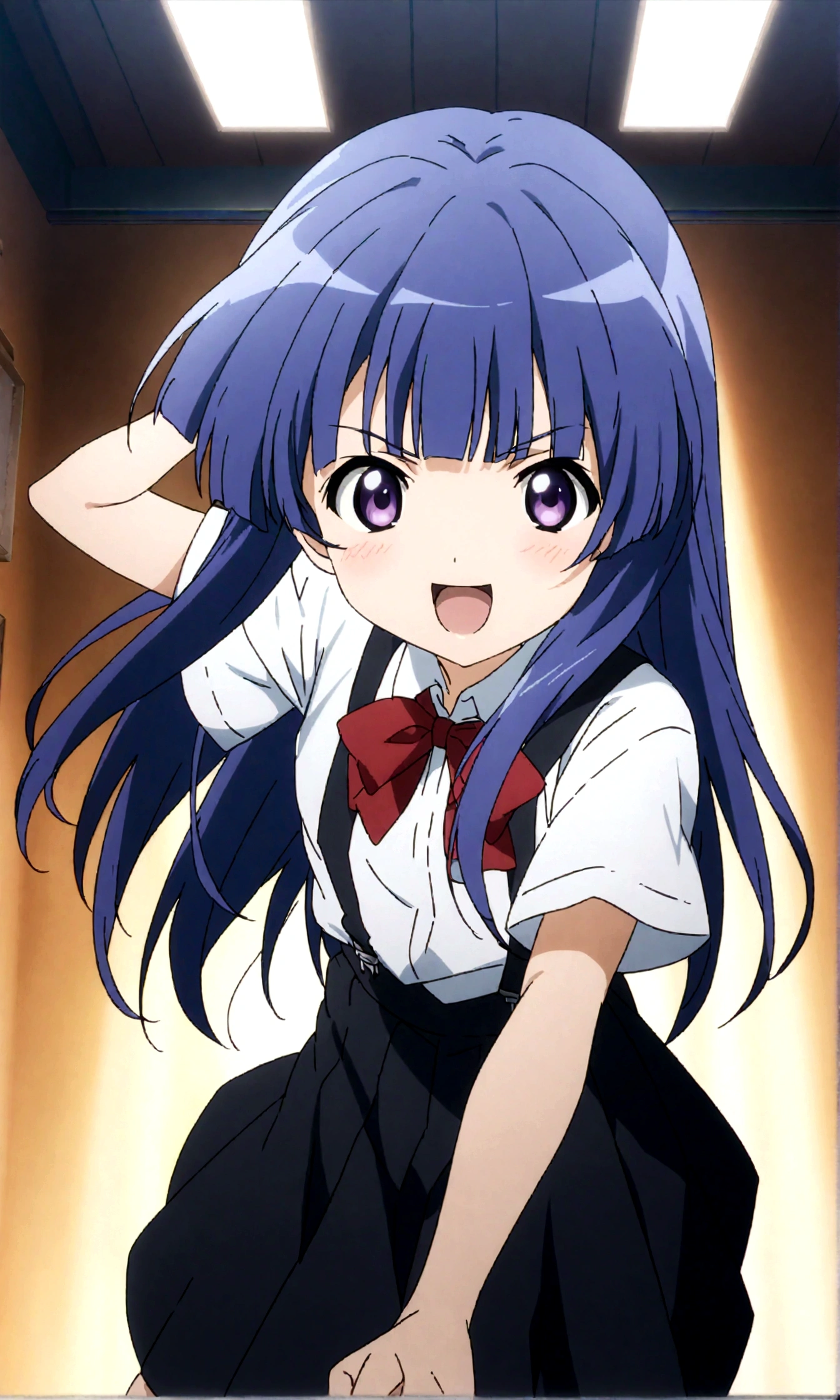 score_9,score_8, score_8_up, BREAK 1girl, solo, furude rika, (tween), kawaii, blue hair, purple eyes, long hair, blunt bangs, bangs,, bow, skirt, shirt, suspenders, smile, short sleeves, pleated skirt, white shirt, open mouth, :d, red bow, facing viewer,^_^, suspender skirt, , black skirt, collared shirt, blush, bowtie, blunt bangs, dress shirt,masterpiece, best quality, source_anime,ceiling, ceiling light, great lighting, detailed shadows, detailed body, anime artwork,anime style, key visual, vibrant, studio anime, highly detailed, anime coloring,,battle stance,fullbody,,dash,,simple background, white background.action,